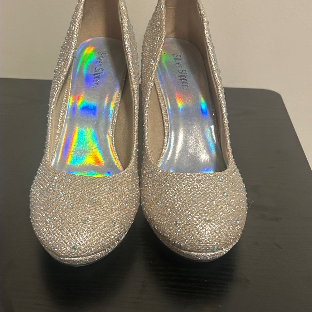 Holiday Sparkle Sky Glitter  Silver Gold Tone Heels for Women